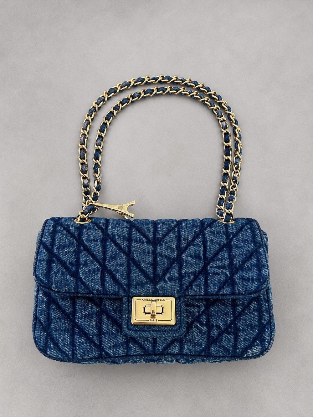 KARL LAGERFELD PARIS Blue Quilted Turn Lock Chain Strap Shoulder Bag